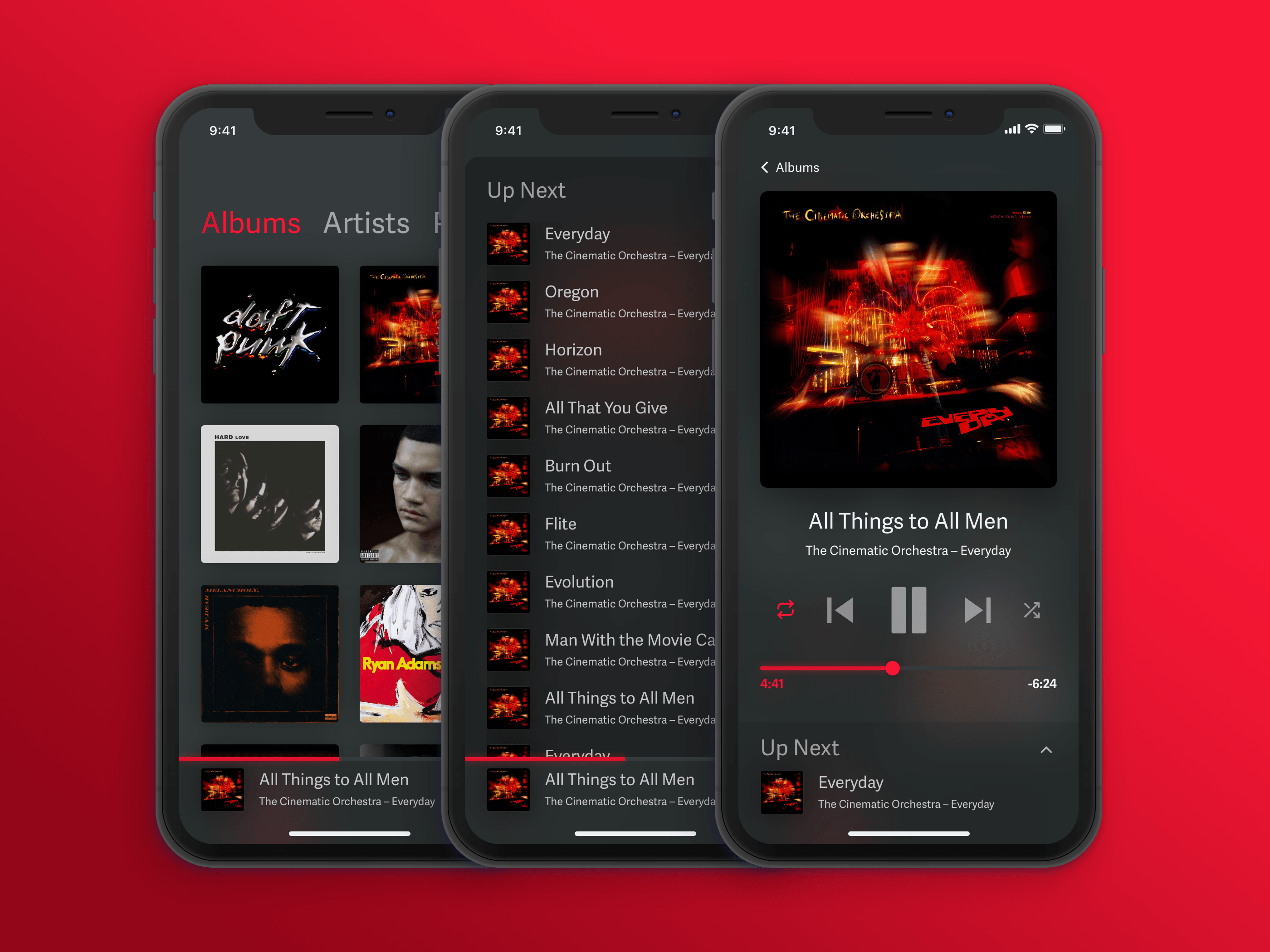 An iPhone music app design shown on three different iPhone screens in different visual states.