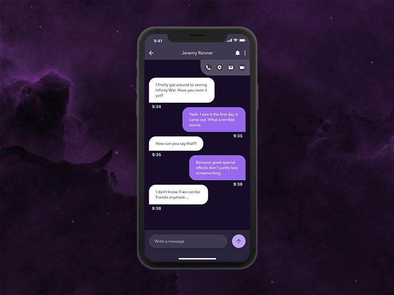 A direct messaging application on an iPhone floating in space.