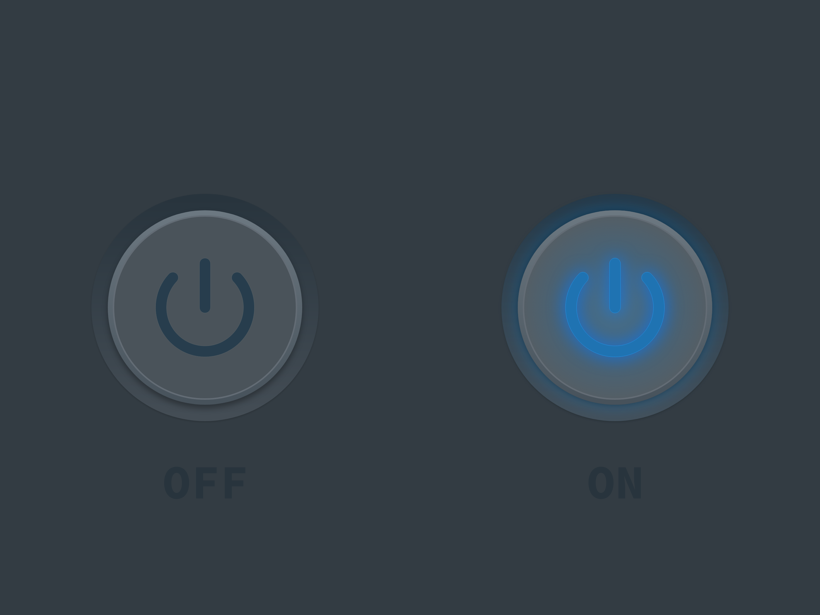 A large grey power toggle button in both on and off positions. The on switch has bright blue illumination.